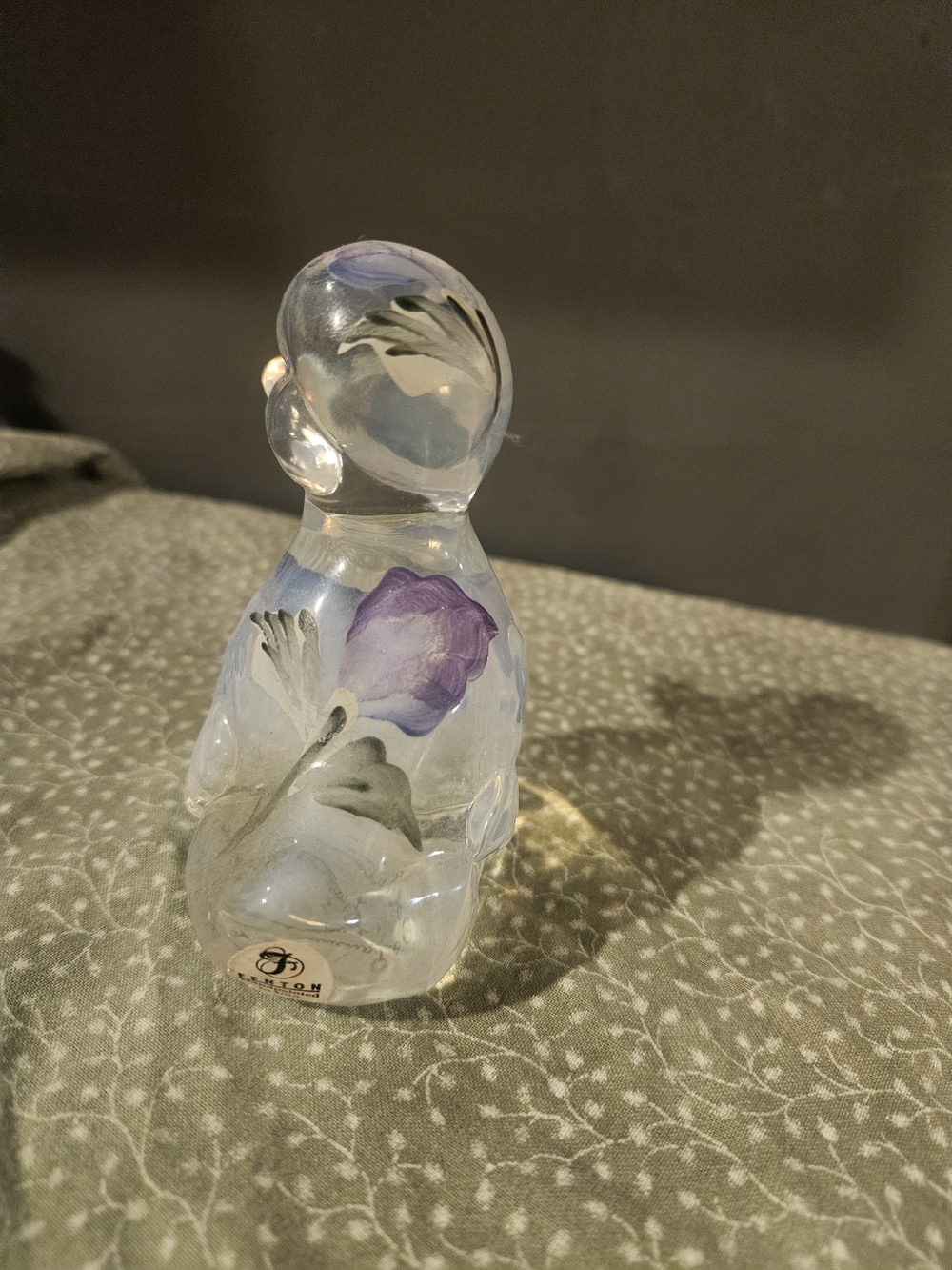 Fenton Clear Glass Figurine with Purple and Green Floral Paint